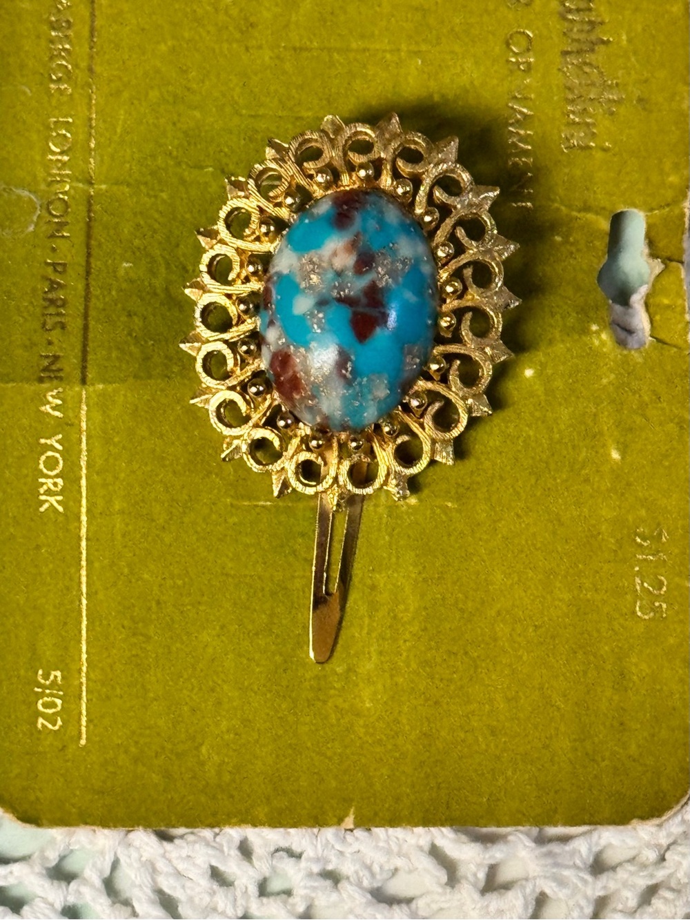 Rayette-Fabergé 1960s Turquoise Cabochon w/Gold Filigree Barretini Hair Ornament